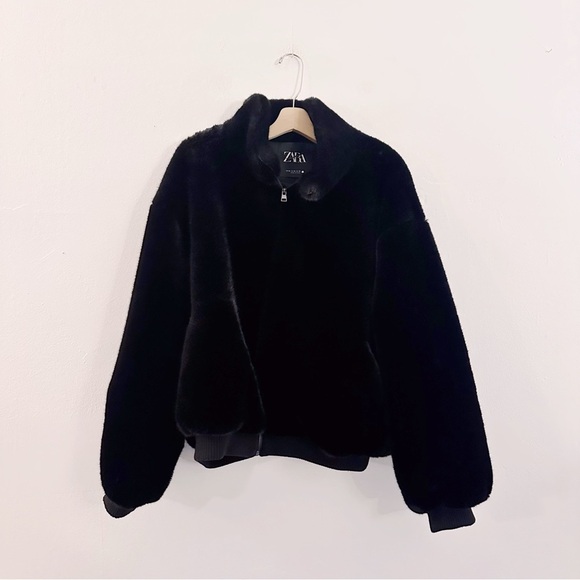 Zara Black Faux Fur Jacket Zipper Bomber Coat - Picture 5 of 5